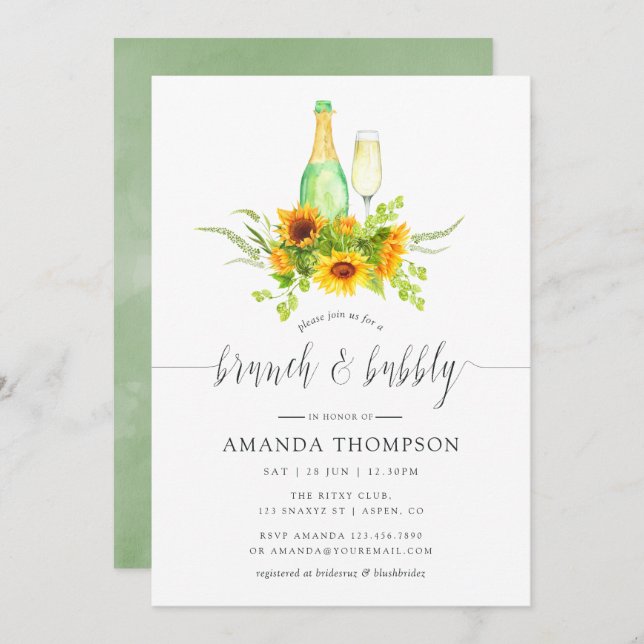 Watercolor Sunflowers Brunch and Bubbly Invitation (Front/Back)