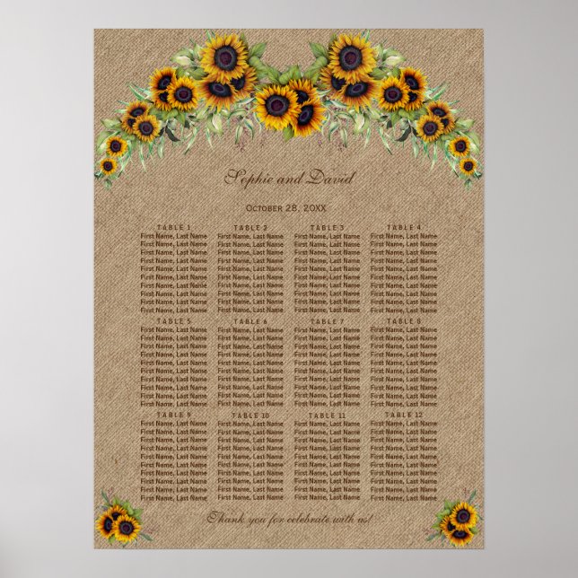 Watercolor Sunflowers Burlap Wedding Seating Chart (Front)