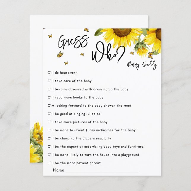 Watercolor Sunflowers & Butterflies Guess Who Game (Front/Back)