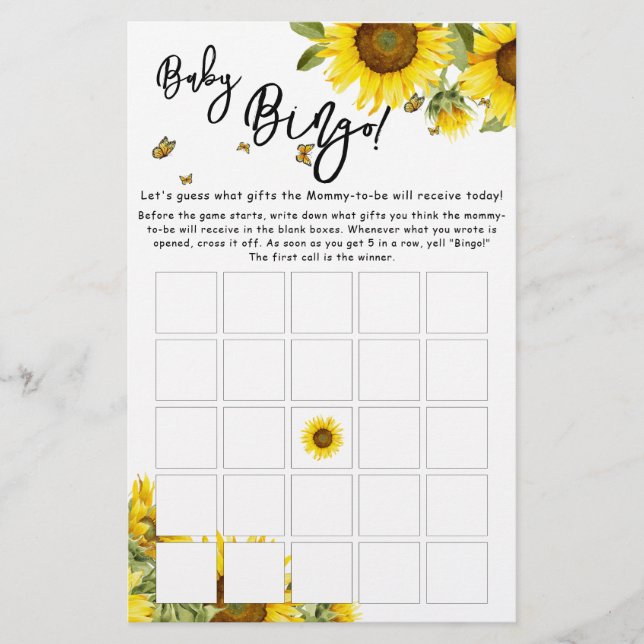 Watercolor Sunflowers & Butterfly Baby Bingo Game (Front)