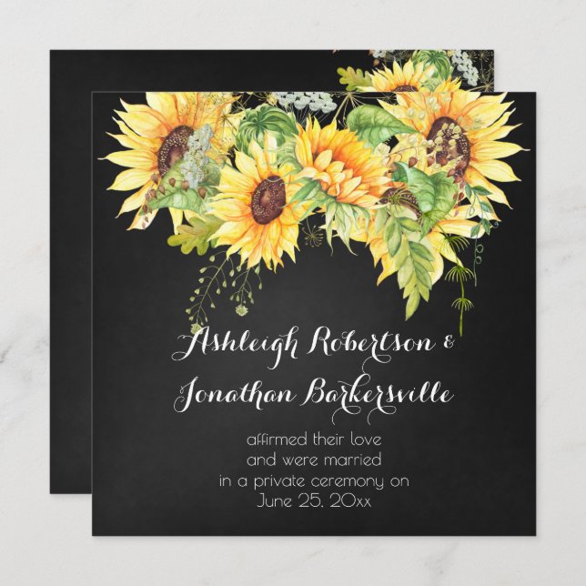 Watercolor Sunflowers Chalk Board Post Wedding Invitation (Front/Back)