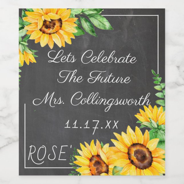 Watercolor Sunflowers Chalkboard Look Sparkling Wi Wine Label (Single Label)