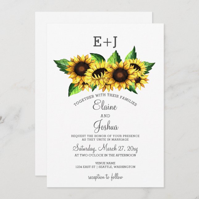 Watercolor Sunflowers Country Rustic Wedding Invitation (Front/Back)