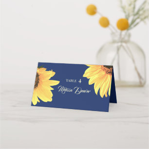 Watercolor Sunflowers dark blue Wedding Place Card