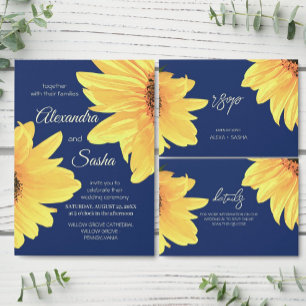 Watercolor Sunflowers dark blue Wedding RSVP Card