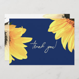 Watercolor Sunflowers dark blue Wedding Thank You Card