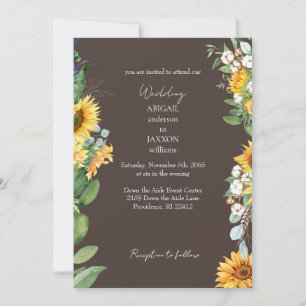 Watercolor Sunflowers Dark Brown Wedding Invitation