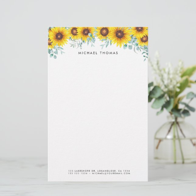 Watercolor Sunflowers & Eucalyptus Personalised Stationery (Standing Front)