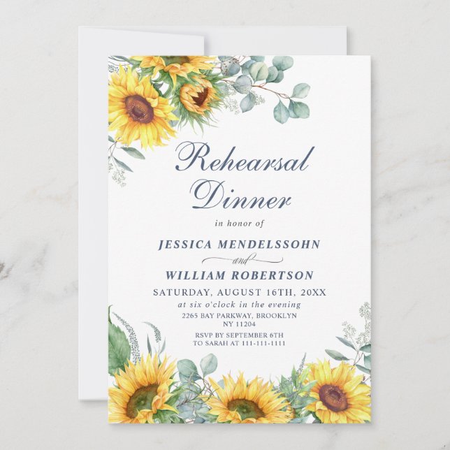 Watercolor Sunflowers Eucalyptus REHEARSAL DInner Invitation (Front)