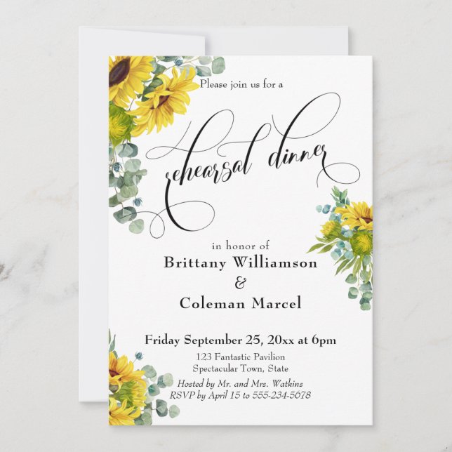Watercolor Sunflowers Eucalyptus Rehearsal Dinner Invitation (Front)