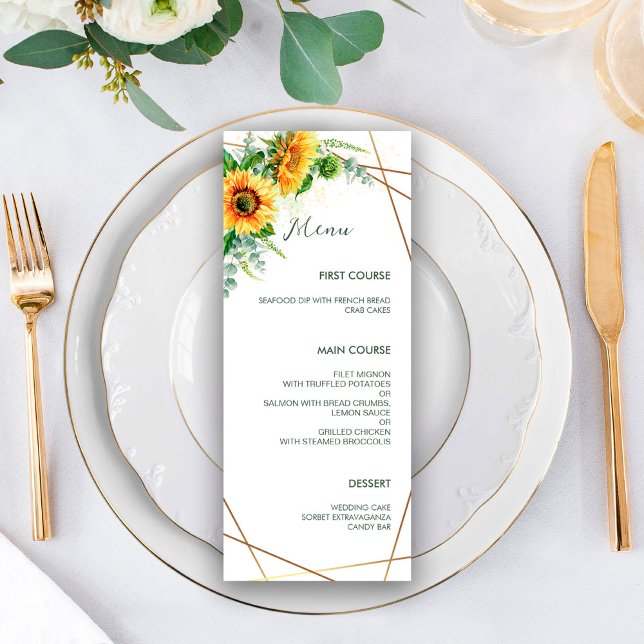 Watercolor Sunflowers Faux Gold Foil Frame Wedding Menu (Creator Uploaded)