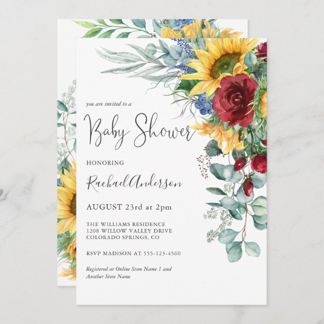 Watercolor Sunflowers Floral Baby Shower Invitation (Front/Back)