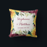 Watercolor Sunflowers Floral Border Wedding Cushion<br><div class="desc">This pillow features watercolor sunflowers, burgundy roses and green leaf foliage. Personalise it with names and date. This pillow is part of a collection which includes matching wedding stationery and gifts. Please visit our store or our collection pages to see the full range of products that you can personalise for...</div>