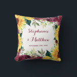 Watercolor Sunflowers Floral Border Wedding Cushion<br><div class="desc">This pillow features watercolor sunflowers, burgundy roses and green leaf foliage. Personalise it with names and date. This pillow is part of a collection which includes matching wedding stationery and gifts. Please visit our store or our collection pages to see the full range of products that you can personalise for...</div>