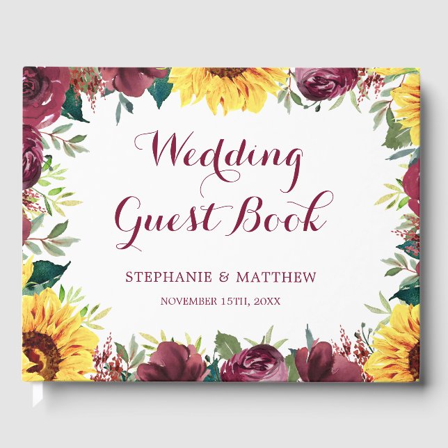 Watercolor Sunflowers Floral Border Wedding Guest Book (Front)