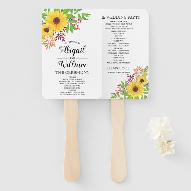 Watercolor sunflowers floral fall wedding program hand fan (Front and Back)