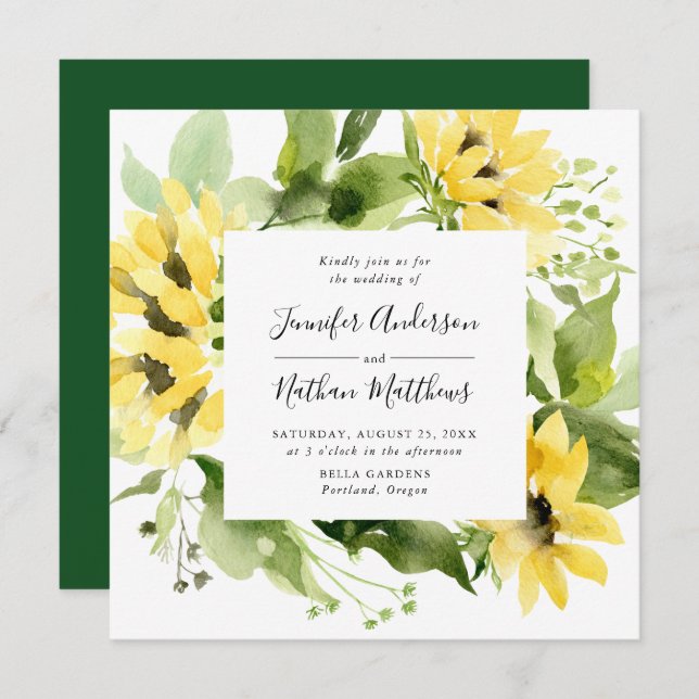 Watercolor Sunflowers Floral Frame Square Wedding Invitation (Front/Back)