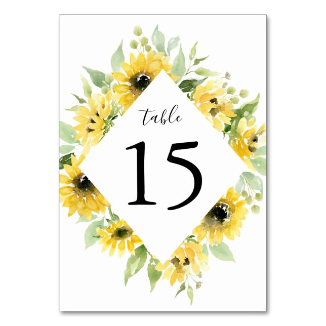 Watercolor Sunflowers Floral Frame | Wedding Table Number (Front)
