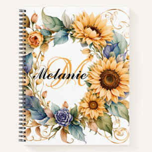 Watercolor Sunflowers Floral Name & Monogram Mug Notebook