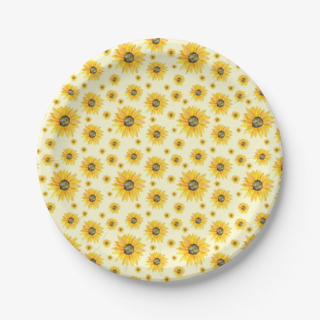 Watercolor Sunflowers Floral Pattern Paper Plate (Front)