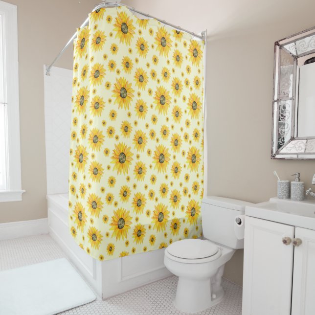 Watercolor Sunflowers Floral Pattern Shower Curtain (In Situ)