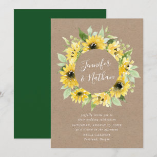 Watercolor Sunflowers Floral Wreath Rustic Wedding Invitation