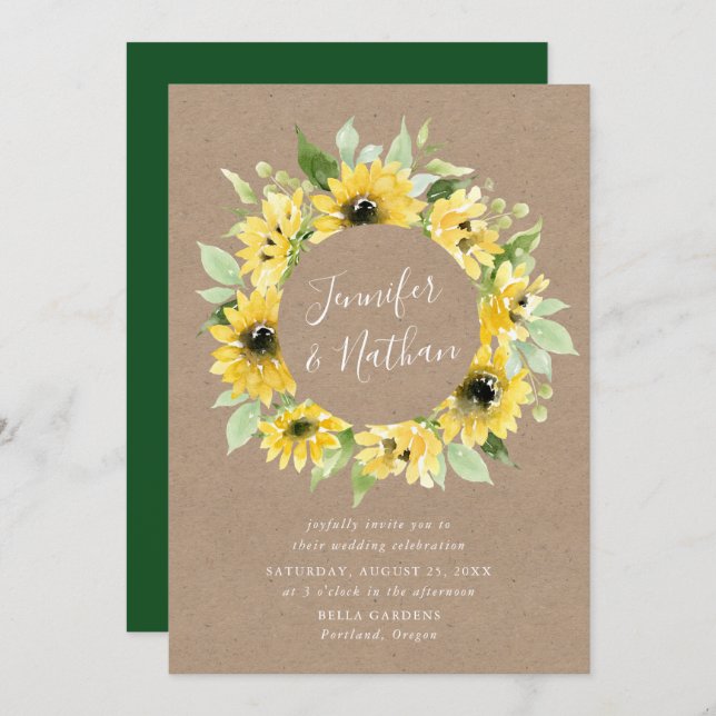 Watercolor Sunflowers Floral Wreath Rustic Wedding Invitation (Front/Back)