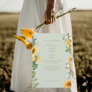 Watercolor Sunflowers Gold Text Sage Wedding Invitation