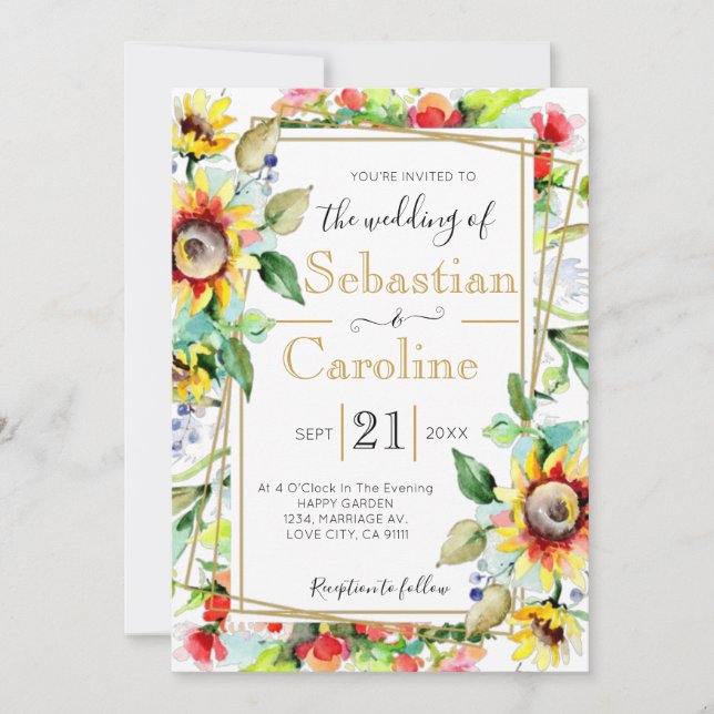 Watercolor Sunflowers Golden Wedding Invitation (Front)