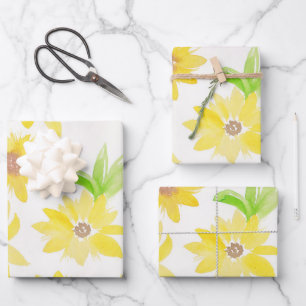 Watercolor Sunflowers Green Yellow Pattern Wrapping Paper Sheet