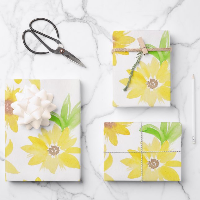 Watercolor Sunflowers Green Yellow Pattern    Wrapping Paper Sheet (Front)