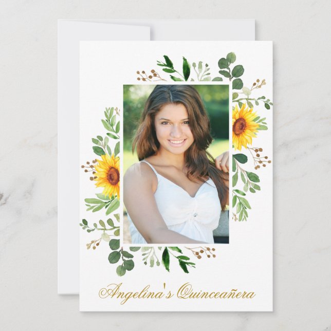 Watercolor Sunflowers Greenery Photo Quinceanera Invitation (Front)