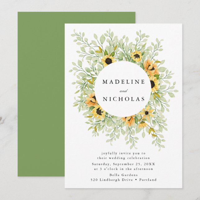 Watercolor Sunflowers & Greenery Wedding Invitation (Front/Back)