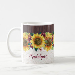 Watercolor Sunflowers Lace Wood Rustic Name Coffee Mug