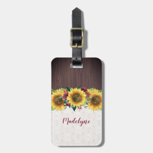 Watercolor Sunflowers Lace Wood Rustic Name Luggage Tag