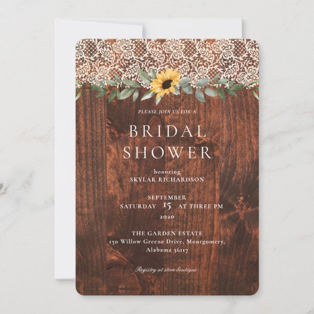Watercolor Sunflowers Lace Woodgrain Bridal Shower Invitation (Front)