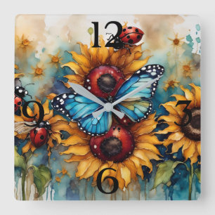 Watercolor Sunflowers, Ladybugs and Butterfly Square Wall Clock