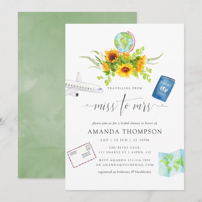 Watercolor Sunflowers Miss To Mrs Bridal Shower Invitation (Front/Back)