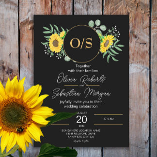 Watercolor Sunflowers Monogram Black Wedding Invitation