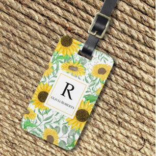 Watercolor Sunflowers Monogram Luggage Tag
