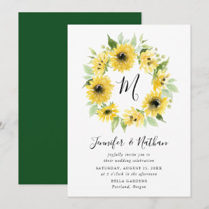 Watercolor Sunflowers Monogram Wreath Wedding Invitation