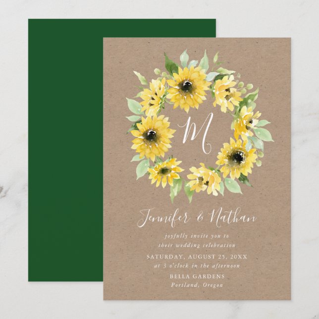 Watercolor Sunflowers Monogram Wreath | Wedding Invitation (Front/Back)