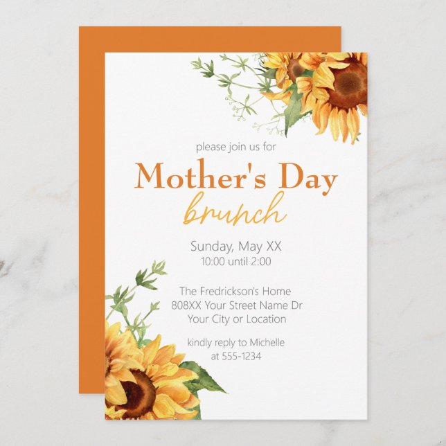Watercolor Sunflowers Mother's Day Brunch Invitation (Front/Back)