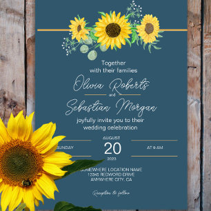 Watercolor Sunflowers Navy Blue Wedding Invitation