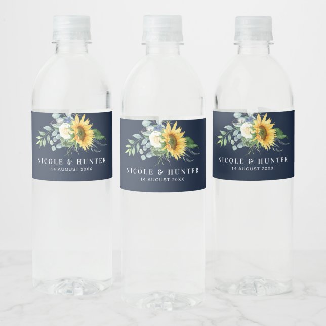 watercolor sunflowers navy blue wedding  water bottle label (Bottles)