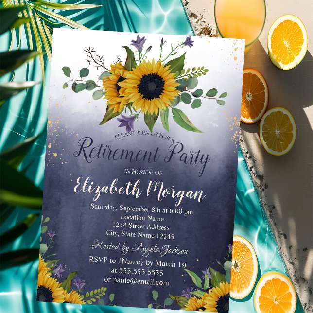 Watercolor Sunflowers Ombre Blue Retirement  Invitation (Creator Uploaded)