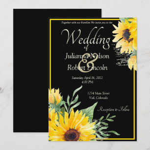 Watercolor sunflowers on black wedding Invitation