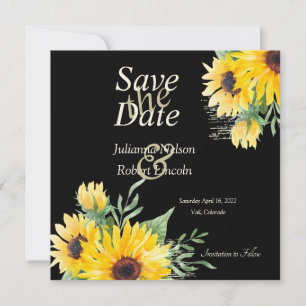 Watercolor sunflowers on black wedding save the date