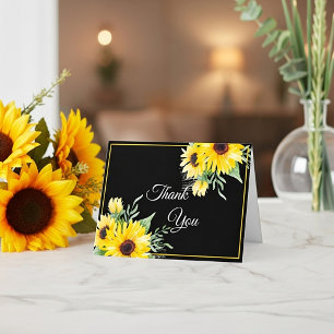 Watercolor sunflowers on black wedding thank you card