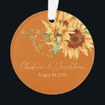 Watercolor Sunflowers on Burnt Orange Ornament<br><div class="desc">This romantic wedding keepsake ornament features a floral design. The background is an elegant burnt orange colour with golden watercolor sunflowers. A delicate wild bouquet is pictured at the top,  with the names of the couple printed below.</div>
